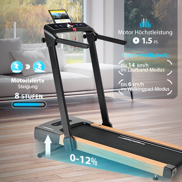 Laufband 2in1 Holz: Steigung, Speed &amp; volle Kontrolle